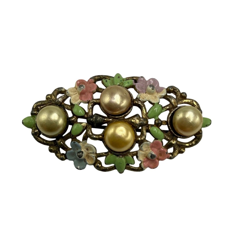 Vintage Floral Filigree Brooch Faux Pearl Enamel Pastel Flowers Brass Tone Pin